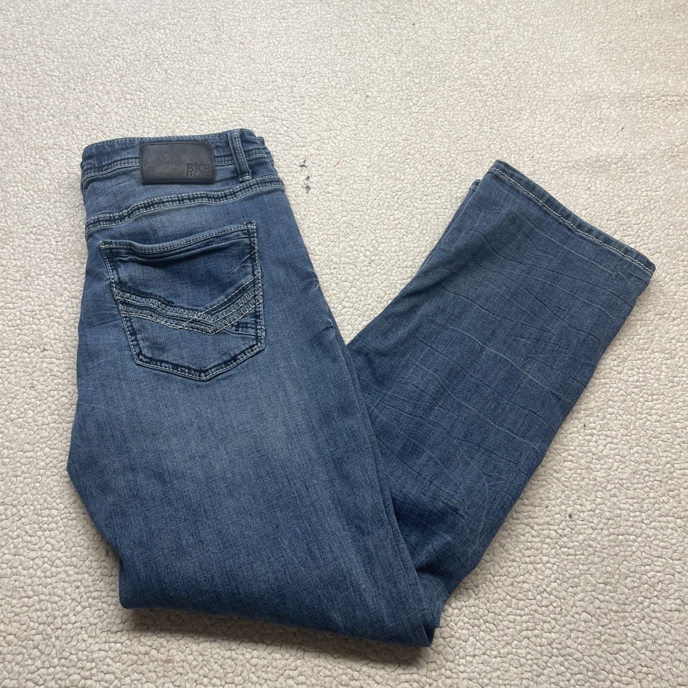 BKE Jeans Mens 33x31 Blue Tyler Straight Leg Contrast Stitch Whiskered Denim